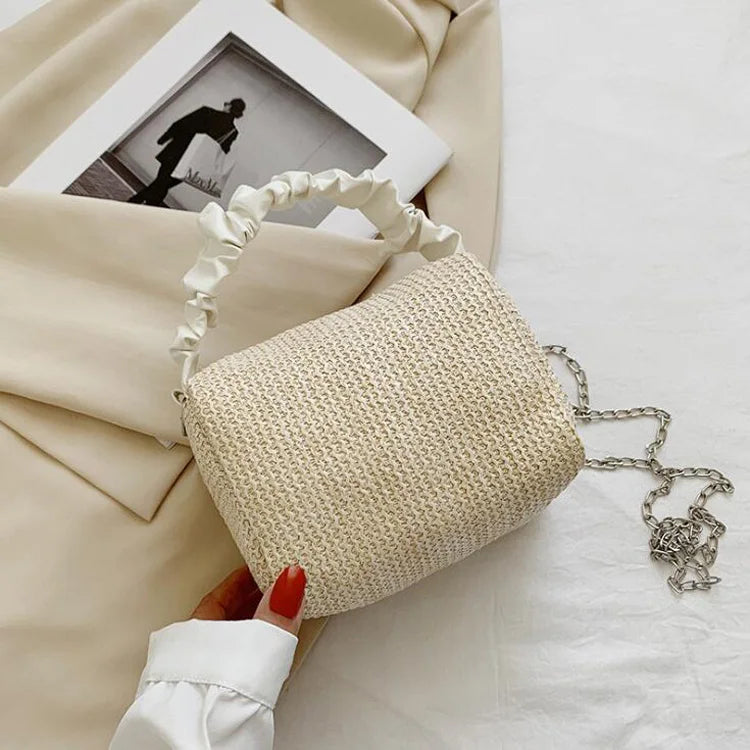 Small Straw Crossbody Bag for Women with Chain Strap