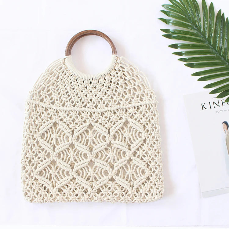 Cotton Rope Hollow Straw Bag Macrame Tote Vintage Handbag