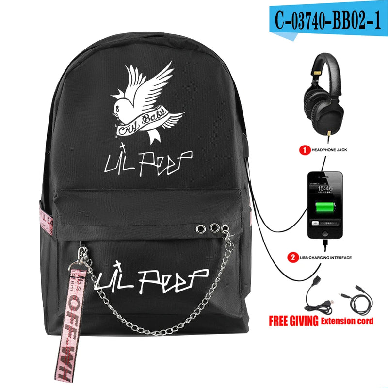 Lil Peep School Backpack Oxford Waterproof USB Travel Bag