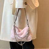 Plush Handbag with Fine Chains Texture Shoulder Bag