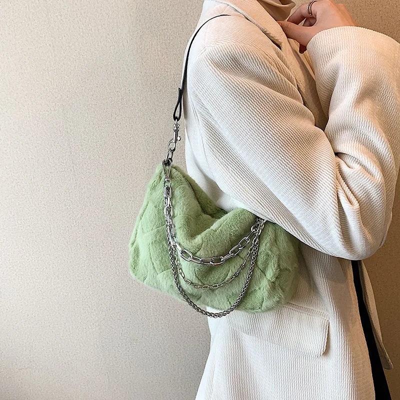 Plush Handbag with Fine Chains Texture Shoulder Bag