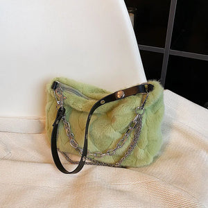 Plush Handbag with Fine Chains Texture Shoulder Bag