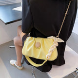Soft PU Leather Pleated Shoulder Bag with Bow Chain Messenger Totes