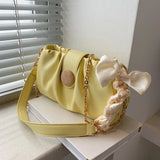 Soft PU Leather Pleated Shoulder Bag with Bow Chain Messenger Totes