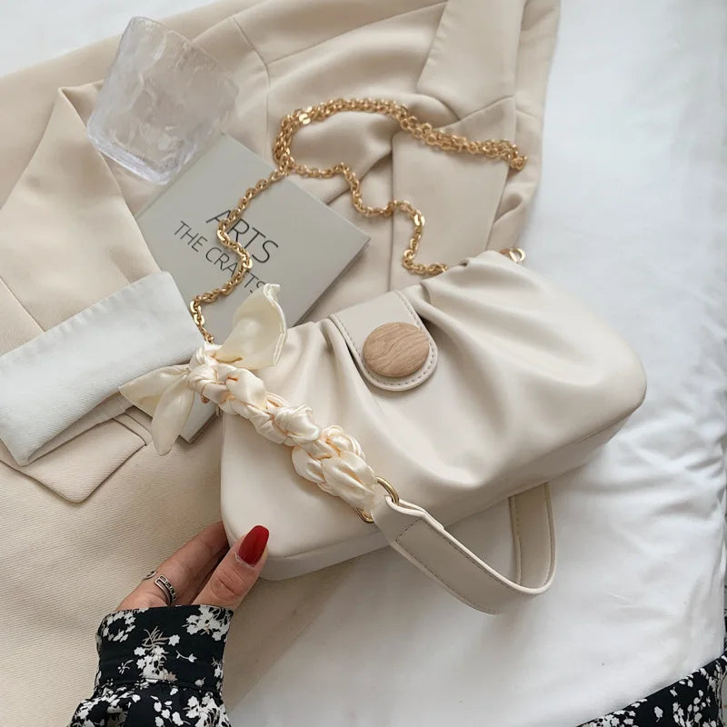 Soft PU Leather Pleated Shoulder Bag with Bow Chain Messenger Totes