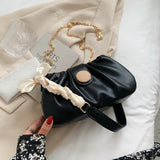 Soft PU Leather Pleated Shoulder Bag with Bow Chain Messenger Totes