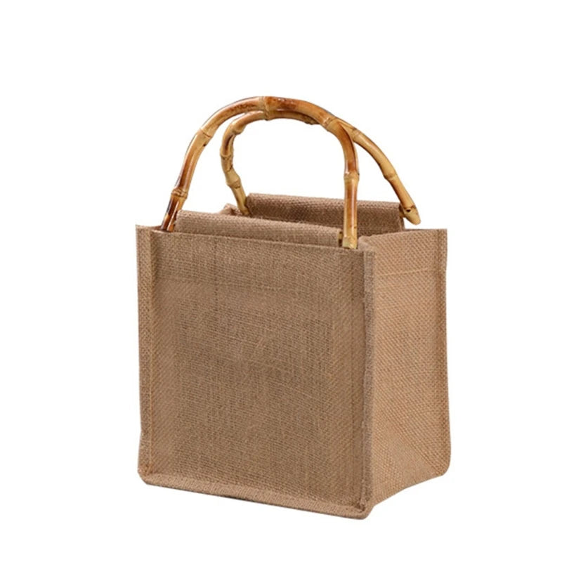 Burlap Jute Shopping Bag Handbag with Bamboo Loop Handles