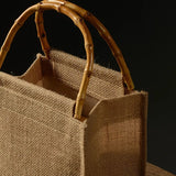 Burlap Jute Shopping Bag Handbag with Bamboo Loop Handles