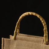 Burlap Jute Shopping Bag Handbag with Bamboo Loop Handles