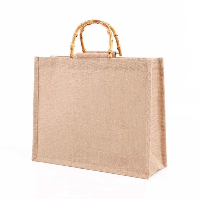 Burlap Jute Shopping Bag Bamboo Loop Handles Tote Grocery Bags