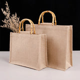 Burlap Jute Shopping Bag Bamboo Loop Handles Tote Grocery Bags