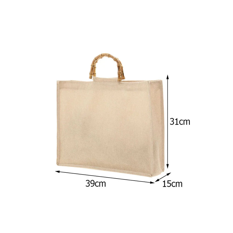 Burlap Jute Shopping Bag Handbag Bamboo Handle Tote DIY Bag Women