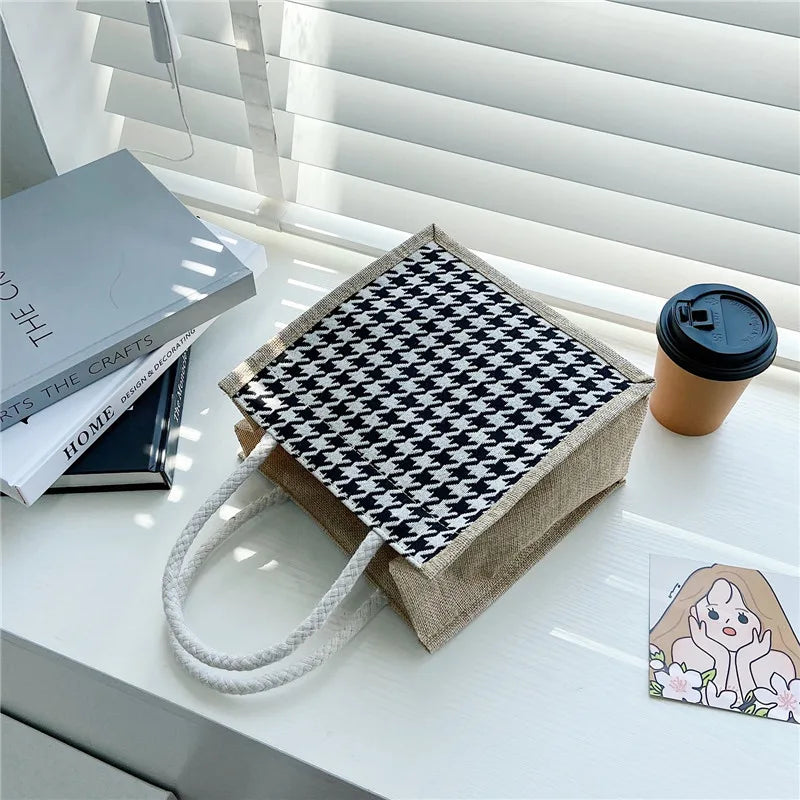 Portable Canvas Lunch Fruit Zipper Bag Tote Lattice Waterproof