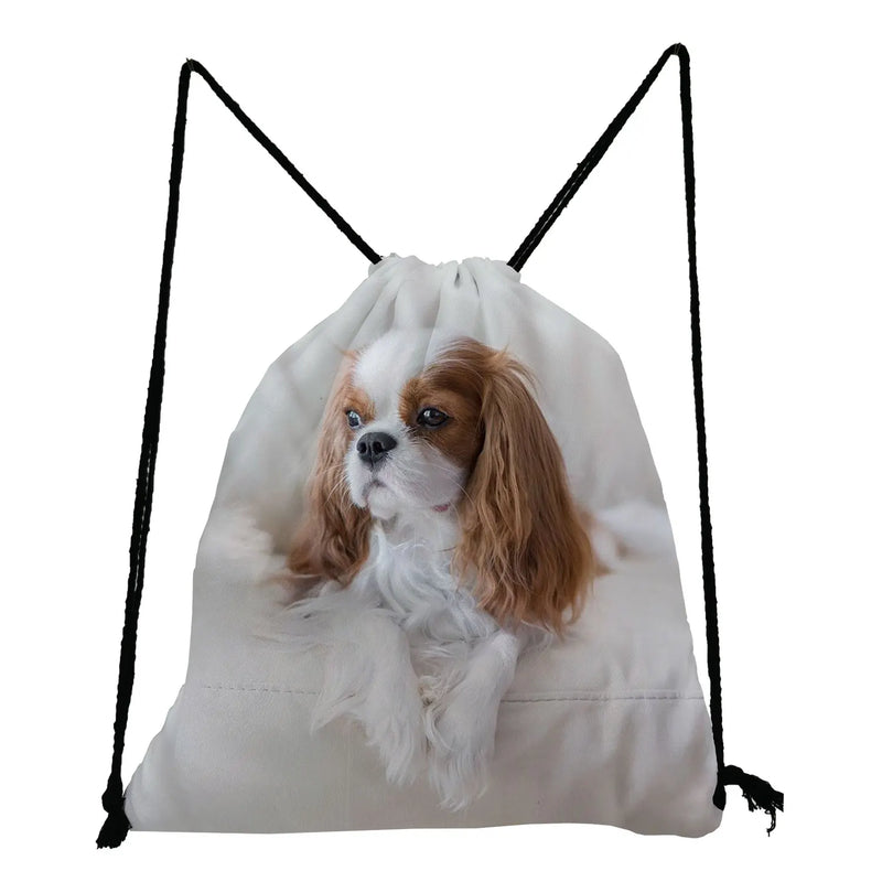 Portable Charles Spaniel Dog Print Drawstring Pocket Softback Bag