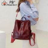 Portable Female Pure Zipper Backpacks Soft Anti-theft PU Leather Travel Knapsack