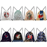 Floral Crane Bird Print Drawstring Backpack Japanese Style