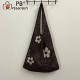 Flower Printing Mesh Net Shoulder Bag Foldable Reusable Eco-Friendly Handbag