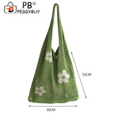 Flower Printing Mesh Net Shoulder Bag Foldable Reusable Eco-Friendly Handbag