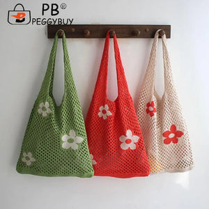 Flower Printing Mesh Net Shoulder Bag Foldable Reusable Eco-Friendly Handbag