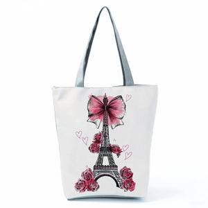 Floral Eiffel Tower Print Tote Bag for Women, High Capacity Shopping Handbag