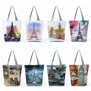 Floral Eiffel Tower Print Tote Bag for Women, High Capacity Shopping Handbag
