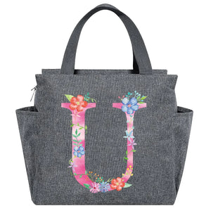 Portable Insulated Lunch Bag Pink Letter Print Food Storage Handbag