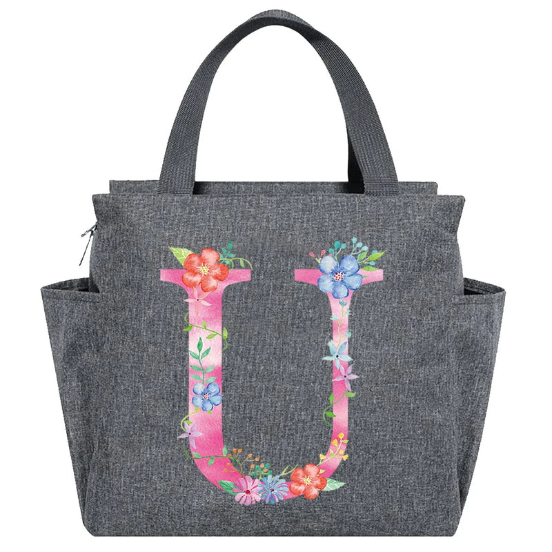 Portable Insulated Lunch Bag Pink Letter Print Food Storage Handbag