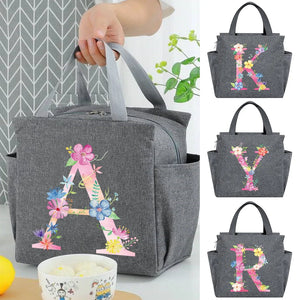Portable Insulated Lunch Bag Pink Letter Print Food Storage Handbag