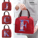 Purple Flower Letter Print Insulated Lunch Bag Thermal Cooler Portable
