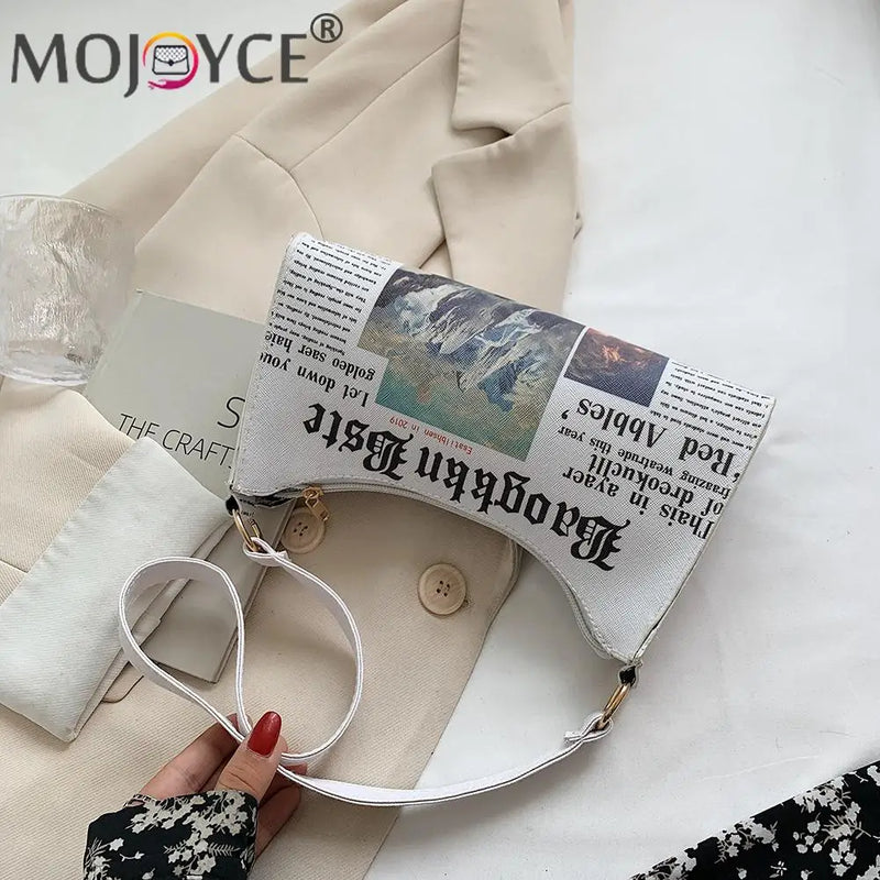 Portable Newspaper Printing Shoulder Bag PU Leather Zipper French Underarm Bag