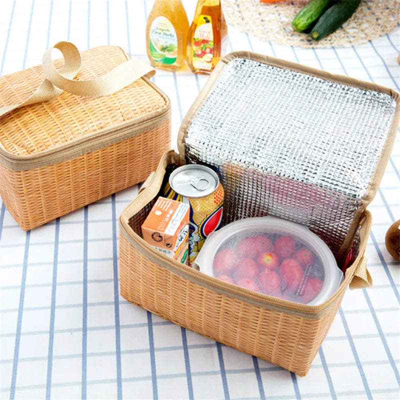 Portable Rattan Lunch Bag Insulated Food Container Thermal Cooler Pouch Tote