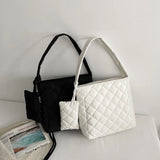 Women Cotton Padded Diamond Lattice Pattern Handbag with Mini Bag