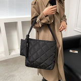 Women Cotton Padded Diamond Lattice Pattern Handbag with Mini Bag
