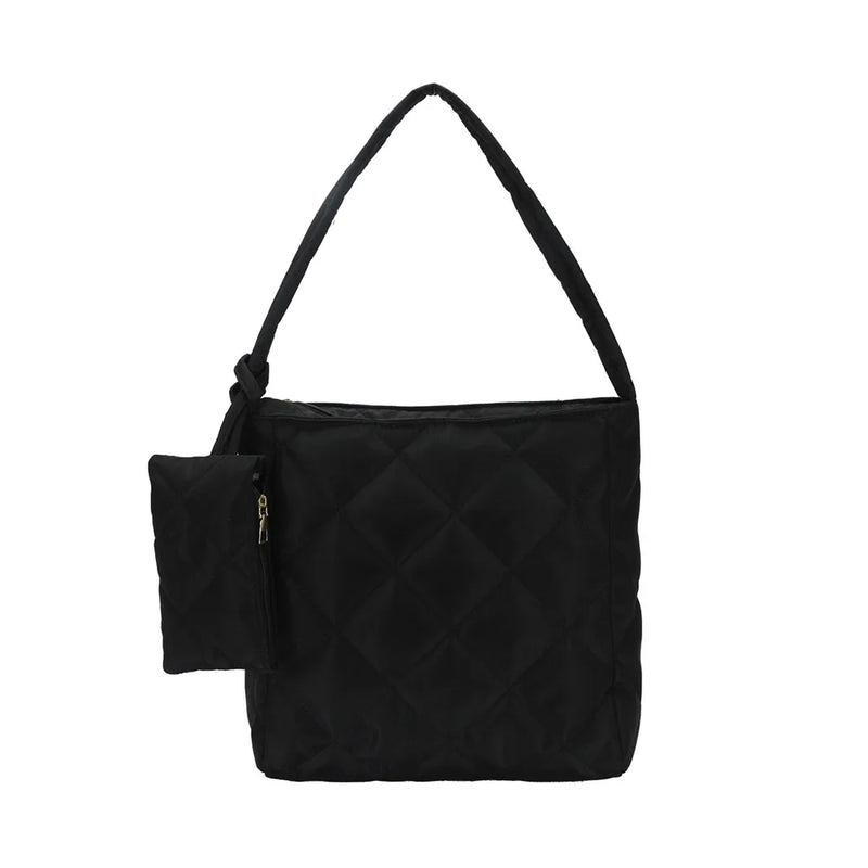 Women Cotton Padded Diamond Lattice Pattern Handbag with Mini Bag