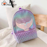 Women Laser Travel Backpack PU Leather Fish Tail Bookbag Sequins Decorate Bag