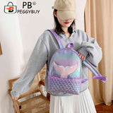 Women Laser Travel Backpack PU Leather Fish Tail Bookbag Sequins Decorate Bag