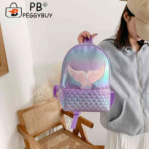 Women Laser Travel Backpack PU Leather Fish Tail Bookbag Sequins Decorate Bag