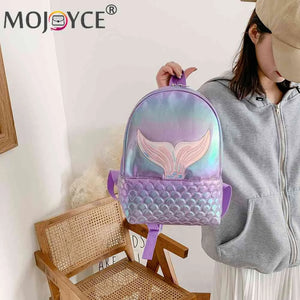Women Laser Travel Backpack Girls PU Leather Cartoon Fish Tail Bookbag