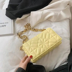 Quilted Leather Shoulder Bag with Thick Chain - Gold
