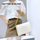 Quilted Leather Shoulder Bag with Thick Chain - Gold