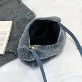 Grey Plush Handbag Fluffy Faux Fur Bag Women Rhombus Pattern Leather Shoulder Ba
