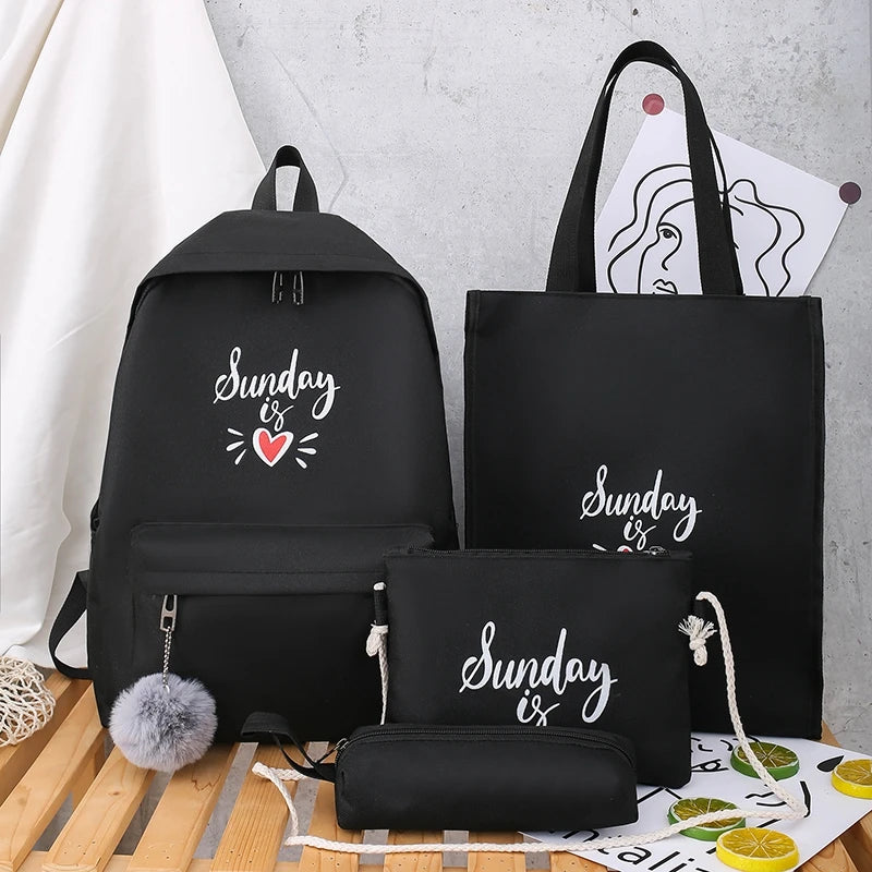 Preppy Style Canvas 4Pcs/Set Solid Backpack Anti Theft Rucksack