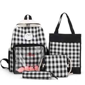Preppy Style Patchwork Bagpack Women Canvas Plaid Backpack Letter School Bag