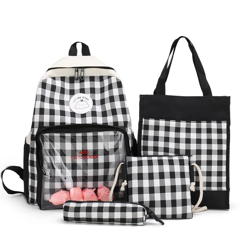 Preppy Style Patchwork Bagpack Women Canvas Plaid Backpack Letter School Bag