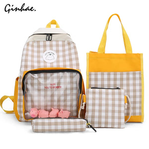 Preppy Style Patchwork Bagpack Women Canvas Plaid Backpack Letter School Bag