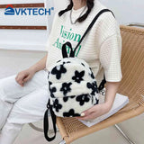 Preppy Style Women Flowers Printing Plush Backpack Casual Ladies Small Knapsack