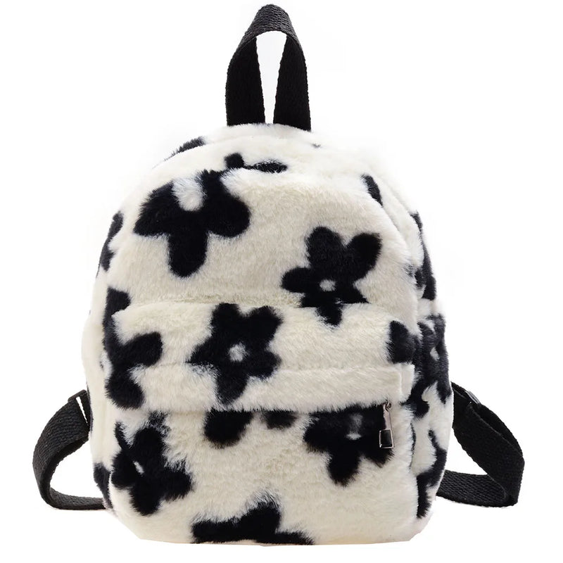 Preppy Style Women Flowers Printing Plush Backpack Casual Ladies Small Knapsack