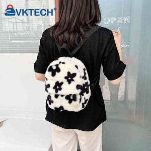 Preppy Style Women Flowers Printing Plush Backpack Casual Ladies Small Knapsack