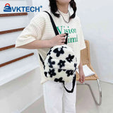 Preppy Style Women Flowers Printing Plush Backpack Casual Ladies Small Knapsack