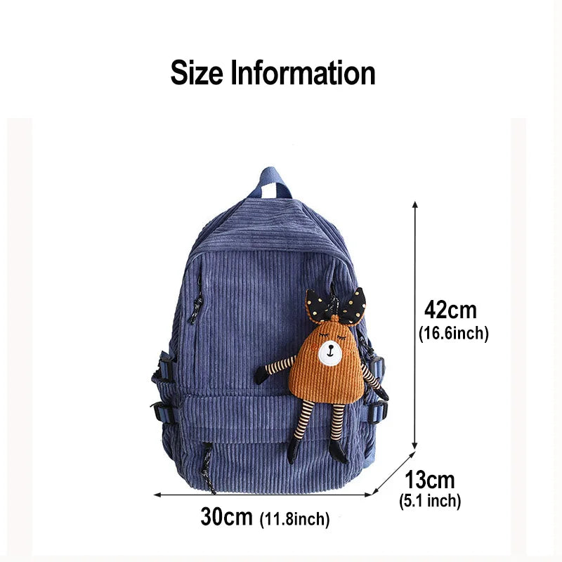 Preppy Retro Corduroy Solid Backpack Junior School Student Schoolbag